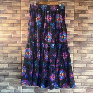 VTG 90s Western Black w Print Midi Ruffle Tier Skirt Ozark Mountain Jean Co Sz M